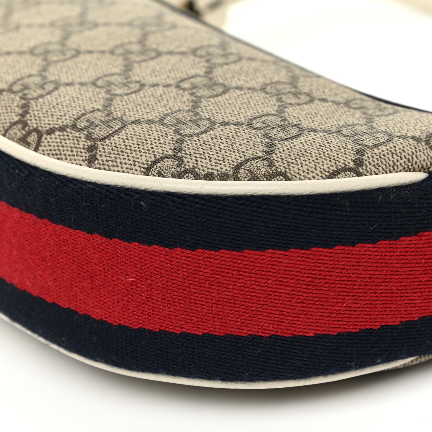 GG Supreme Monogram Textured Dollar Calfskin Web Mini Ophidia Half Moon Hobo Beige Ebony Mystic White