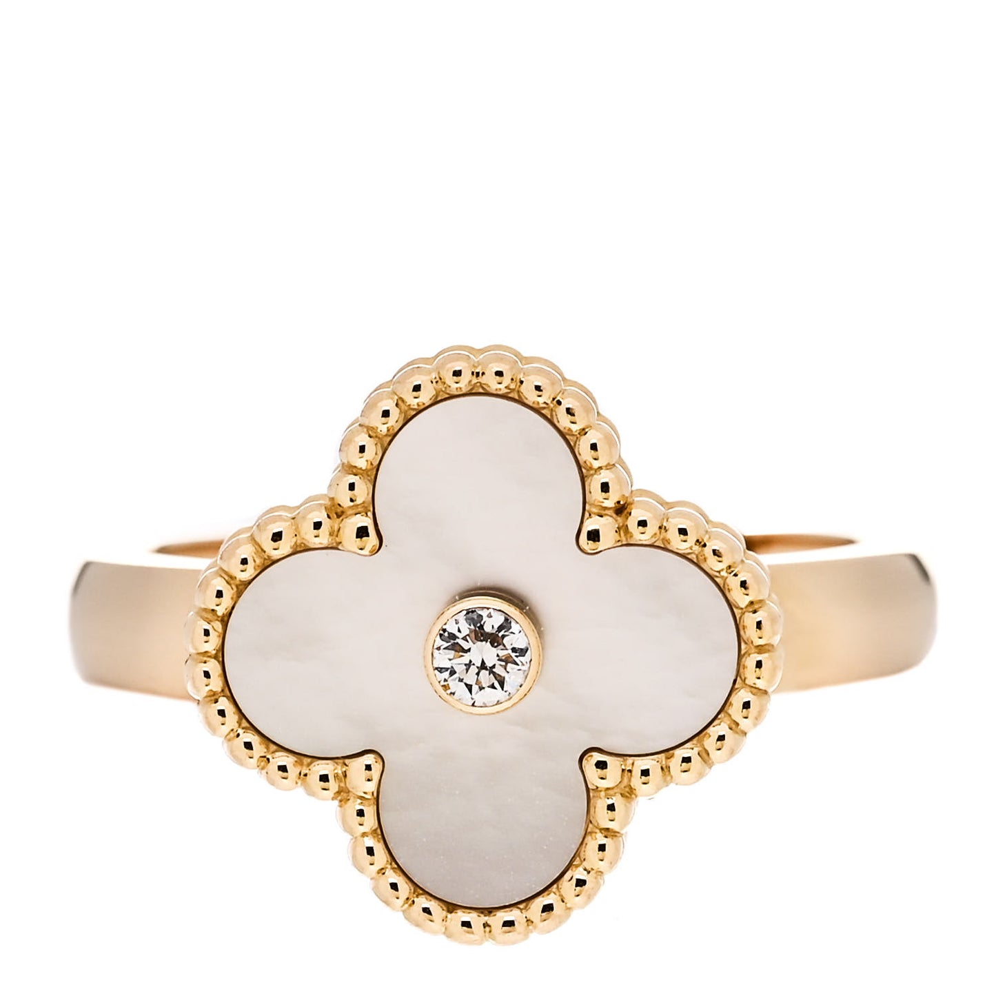 18K Yellow Gold Diamond Mother of Pearl Vintage Alhambra Ring 58 8.25