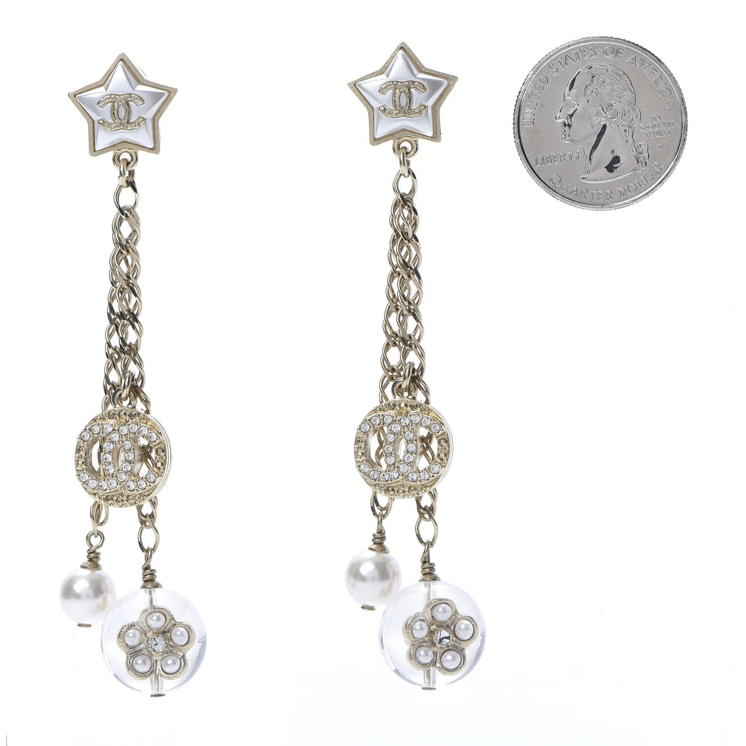 Chanel Crystal Pearl Resin CC Star Dangle Earrings Gold 2 of 5