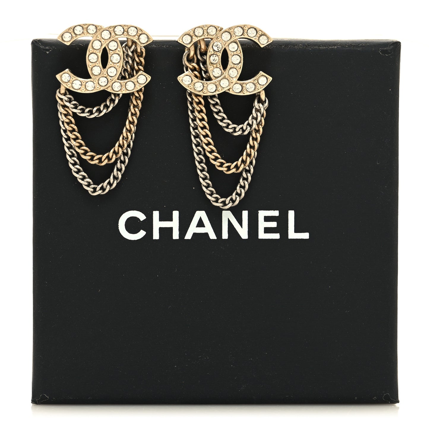 Crystal Chain CC Earrings Gold