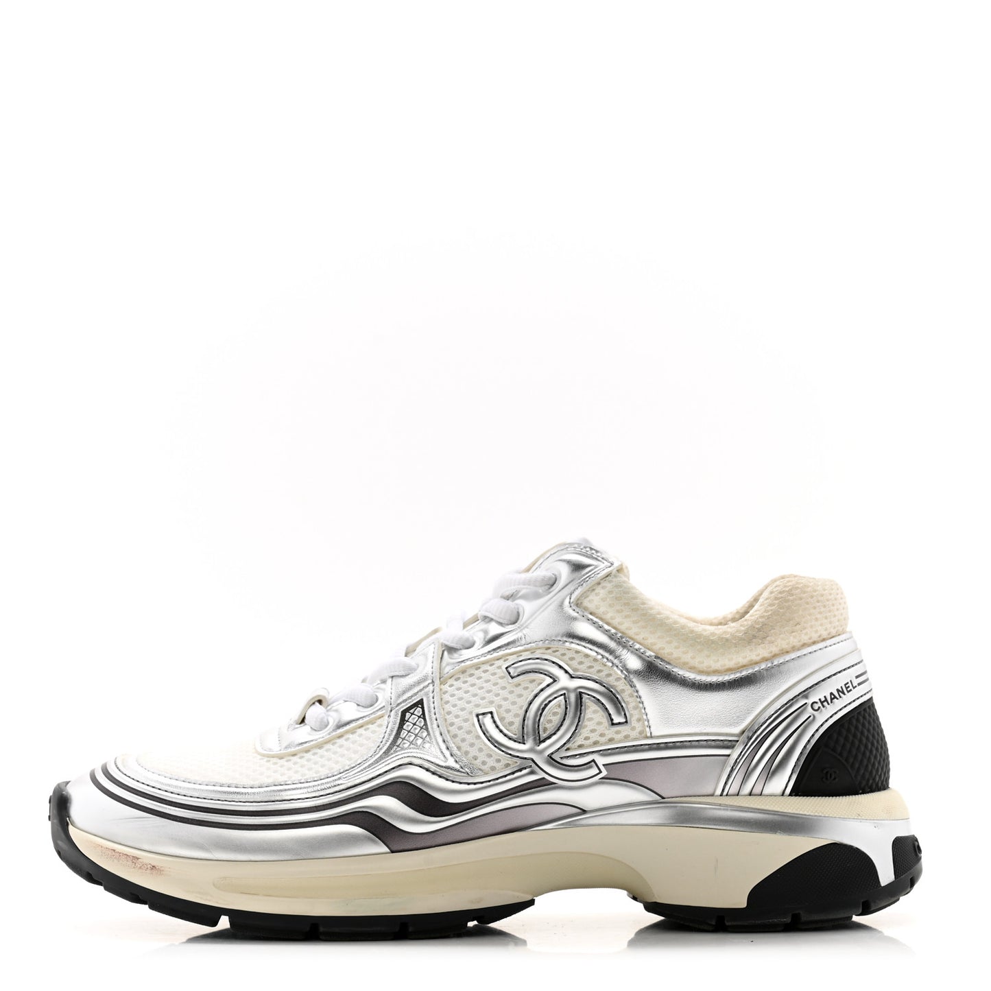 Fabric Laminated Calfskin Stretch CC Womens Sneakers 39.5 White Silver