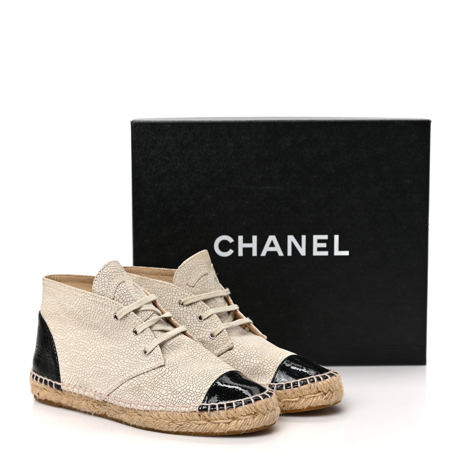 Chanel Crackled Calfskin High Top Espadrilles 37 Light Beige Black 9 of 9