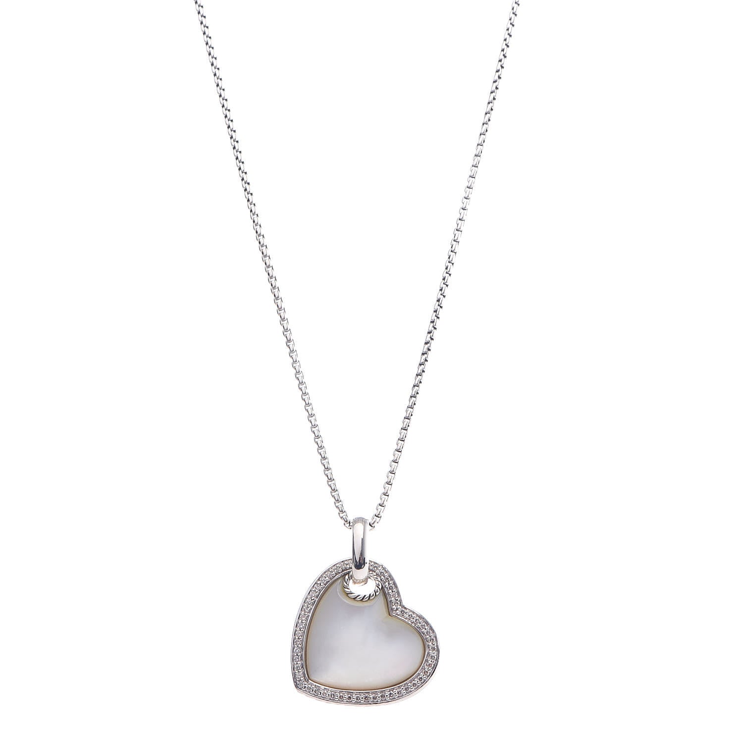 David Yurman Sterling Silver Diamond Mother of Pearl Heart Pendant Necklace 1 of 6