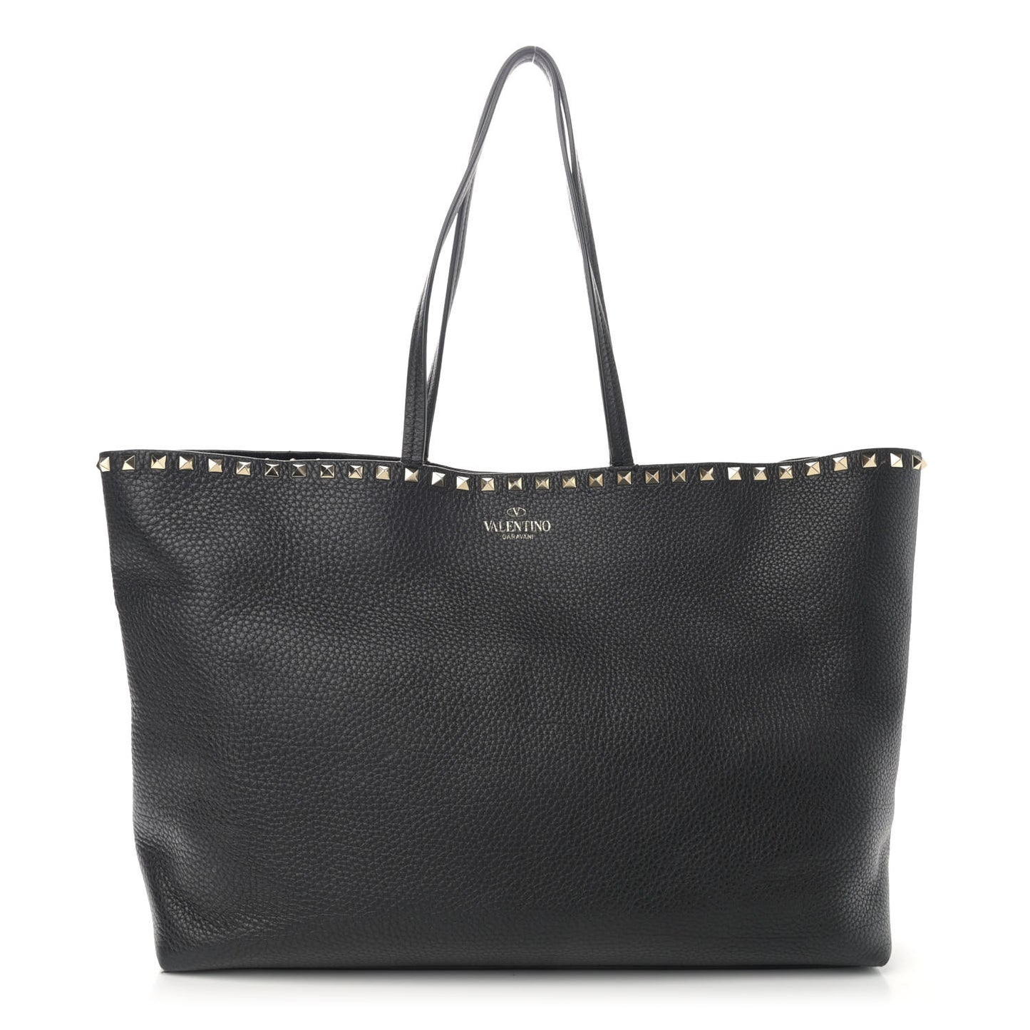 Grained Calfskin Rockstud Shoulder Tote Black