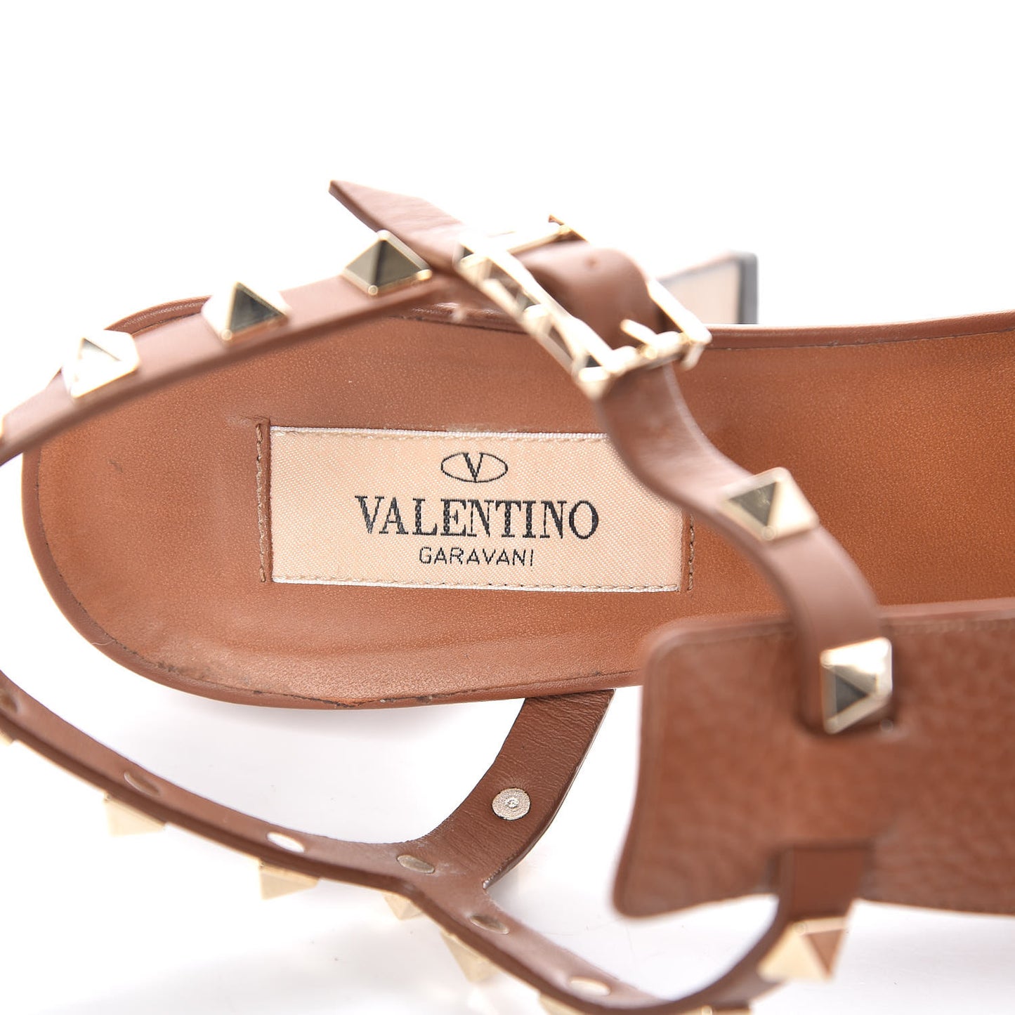 Grained Calfskin Rockstud Ankle Strap 5/105mm Sandals 36 Tobacco