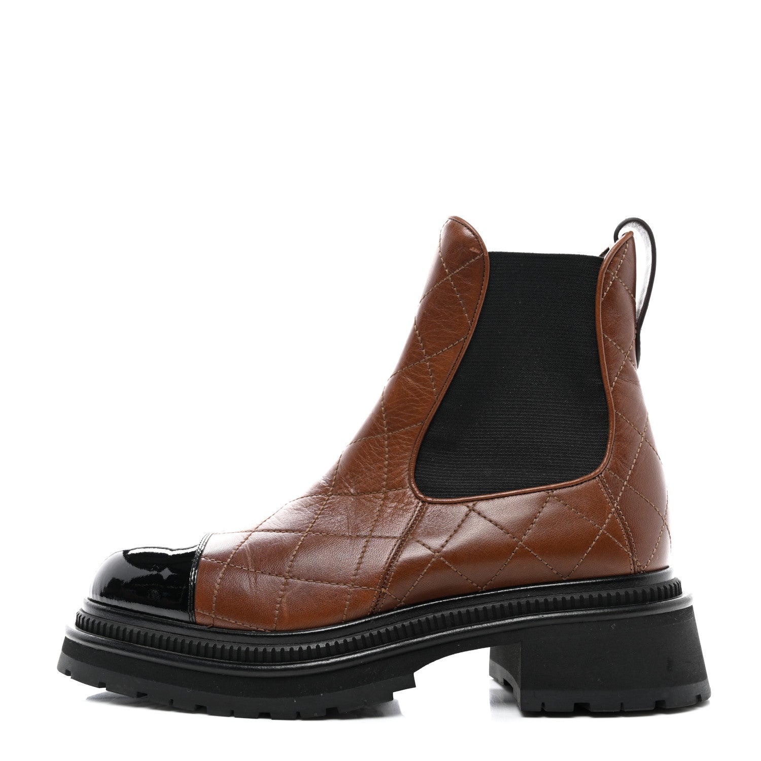 Chanel Calfskin Patent Cap Toe Quilted Short Boots 39 Brown Black 1 of 11