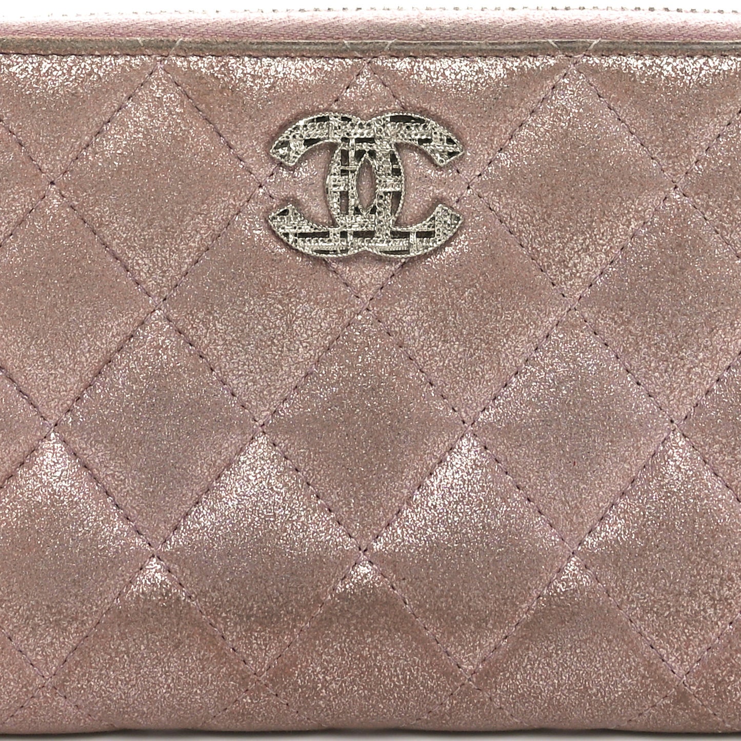 Iridescent Calfskin Quilted Large Gusset Zip Around Wallet Pink