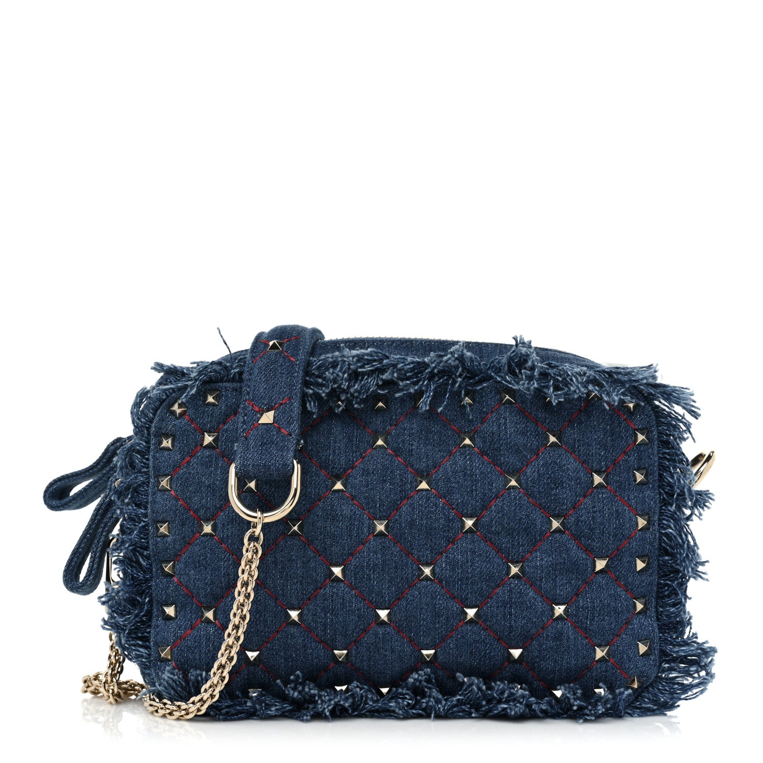 Valentino Garavani Denim Fringe Rockstud Spike Camera Crossbody Bag Blue 1 of 7