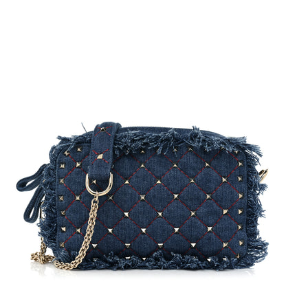 Valentino Garavani Denim Fringe Rockstud Spike Camera Crossbody Bag Blue 1 of 7