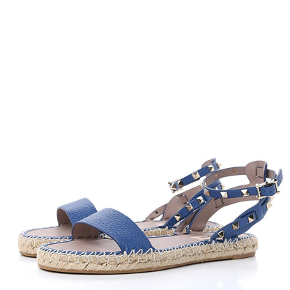 Valentino Garavani Grained Calfskin Rockstud Ankle Strap Espadrille Flat Sandals 37 Baltique 3 of 8