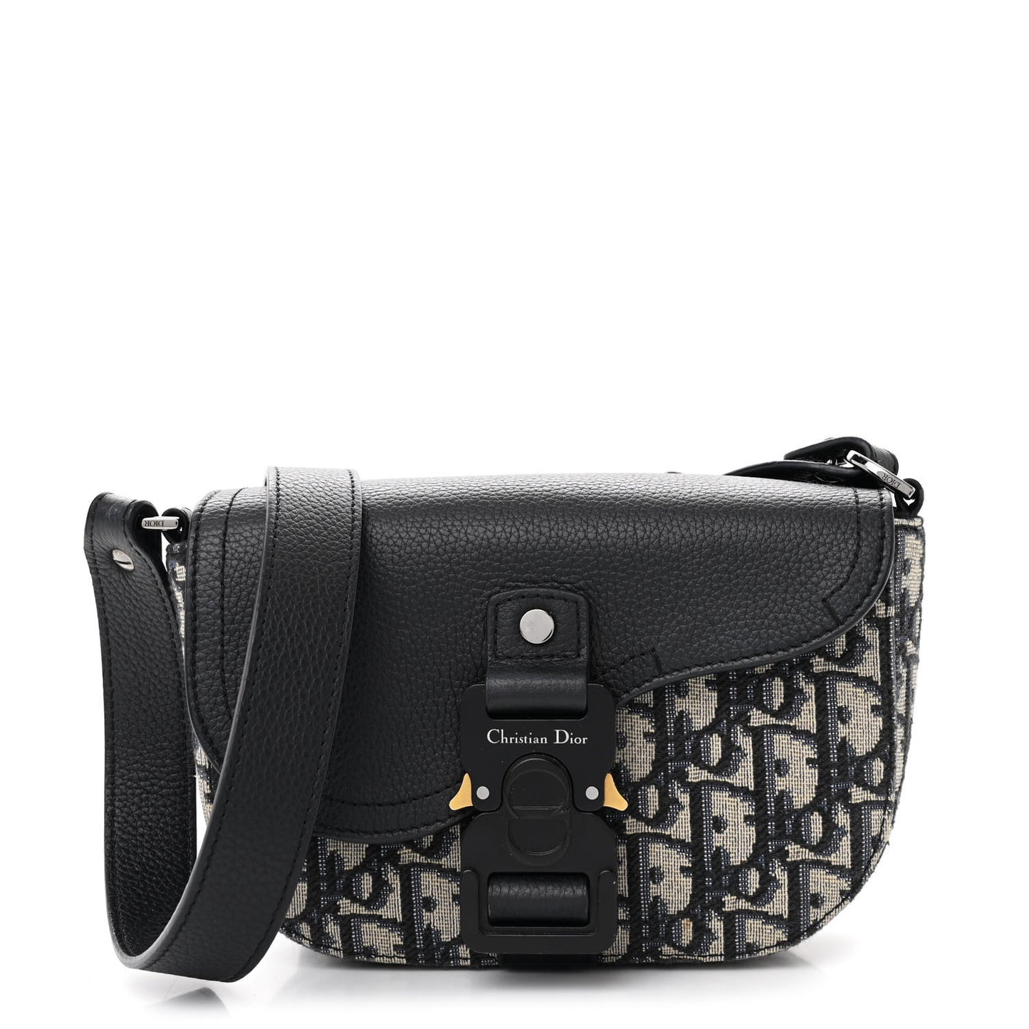Grained Calfskin Oblique Mini Saddle Messenger Bag With Flap Beige Black
