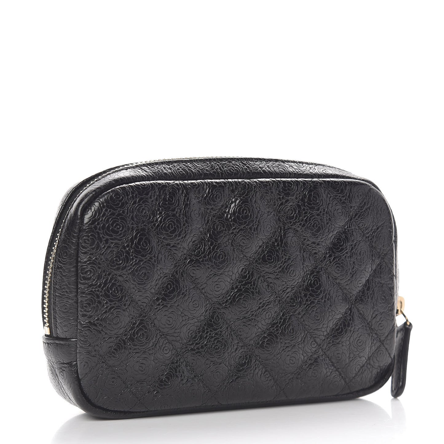 Camellia Calfskin Embossed Quilted Enamel CC Cosmetic Case Black