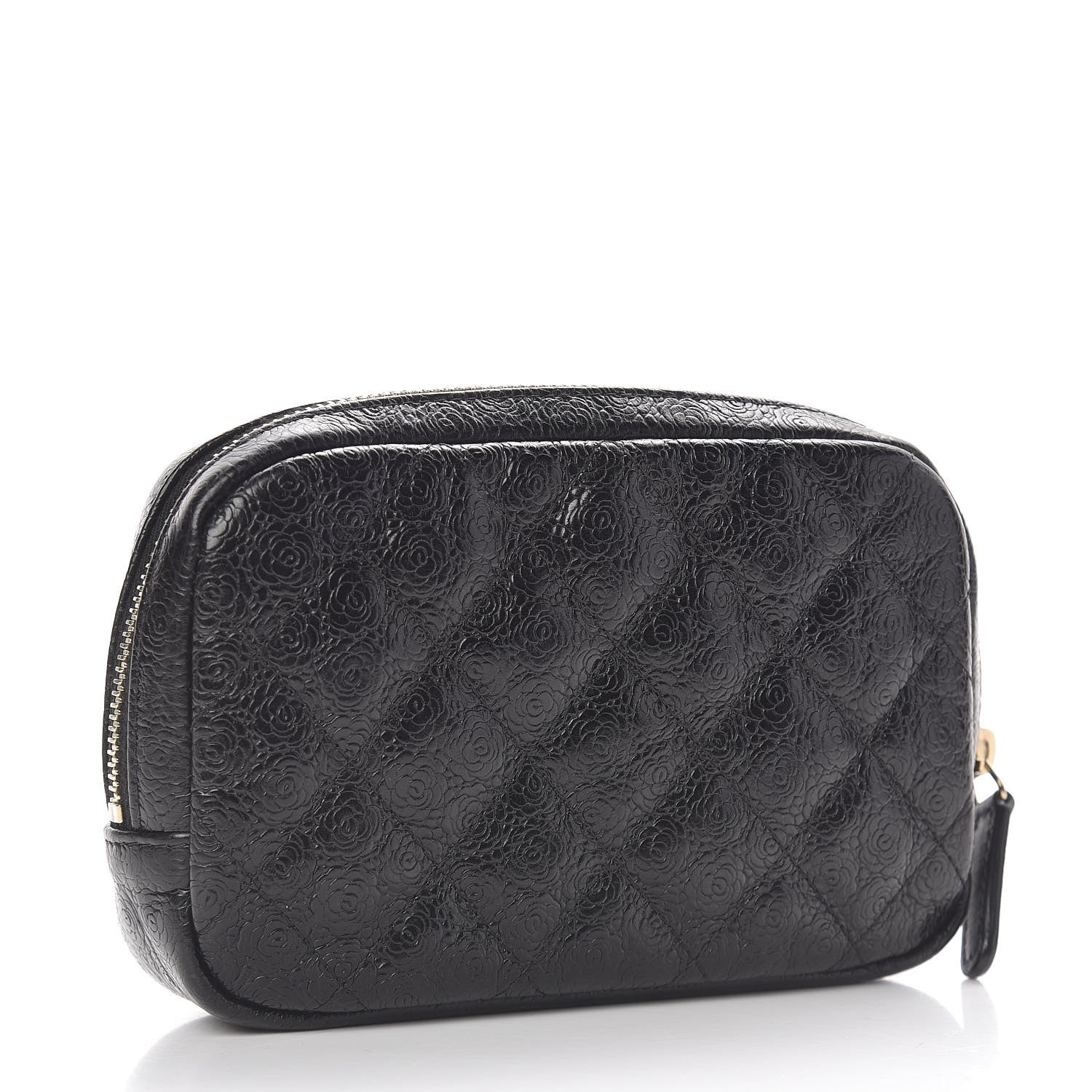 Chanel Camellia Calfskin Embossed Quilted Enamel CC Cosmetic Case Black 3 of 8