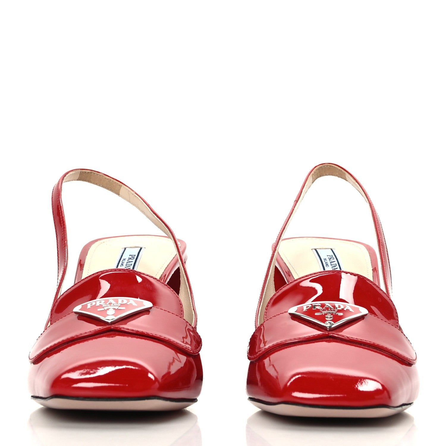 Prada Patent Metal Triangle Logo Block Heel 75mm Slingback Pumps 39 Red 2 of 7