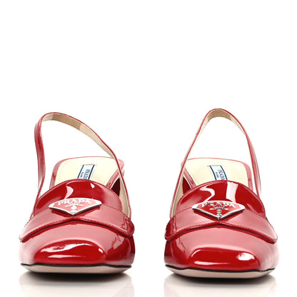 Prada Patent Metal Triangle Logo Block Heel 75mm Slingback Pumps 39 Red 2 of 7
