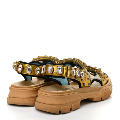 Gucci Silk Calfskin Mesh Crystal Embellished Studded Womens Aguru Sandals 40 Gold 4 of 7