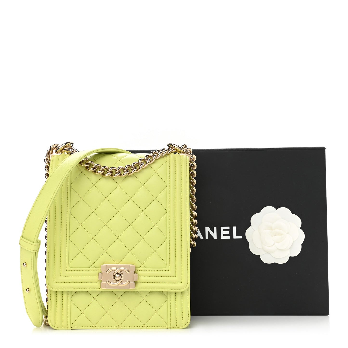 Calfskin Quilted North South Boy Flap Light Green
