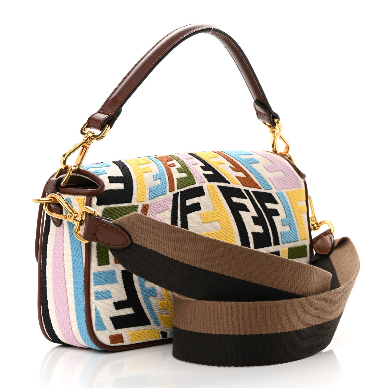 Fendi X SARA COLEMAN Canvas Vitello King Seta FF Fish Eye Embroidered Baguette Grezzo Multicolor Ghianda 3 of 14