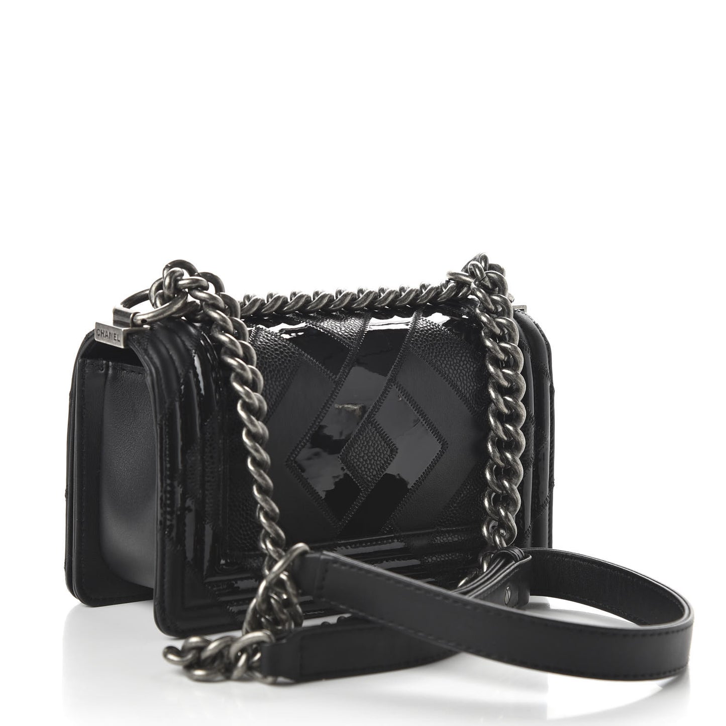 Calfskin Patent Calfskin Caviar Small Boy Flap Black