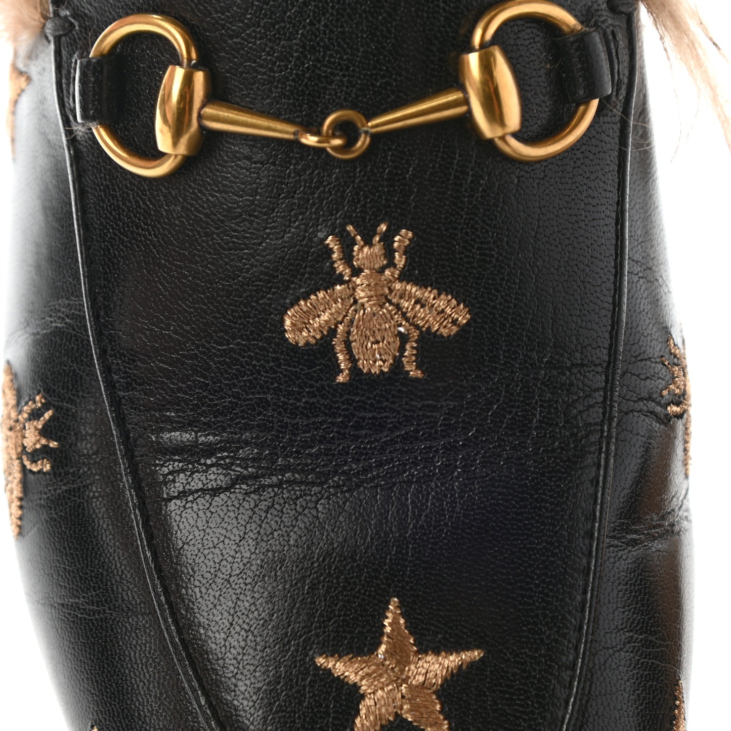 Goatskin Fur Bee Star Embroidered Womens Princetown Slippers 38.5 Black