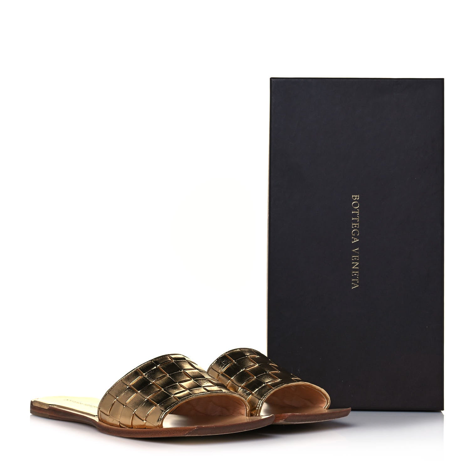 Bottega Veneta Laminated Nappa Intrecciato Squared Toe Flat Sandals 41 Gold 8 of 8
