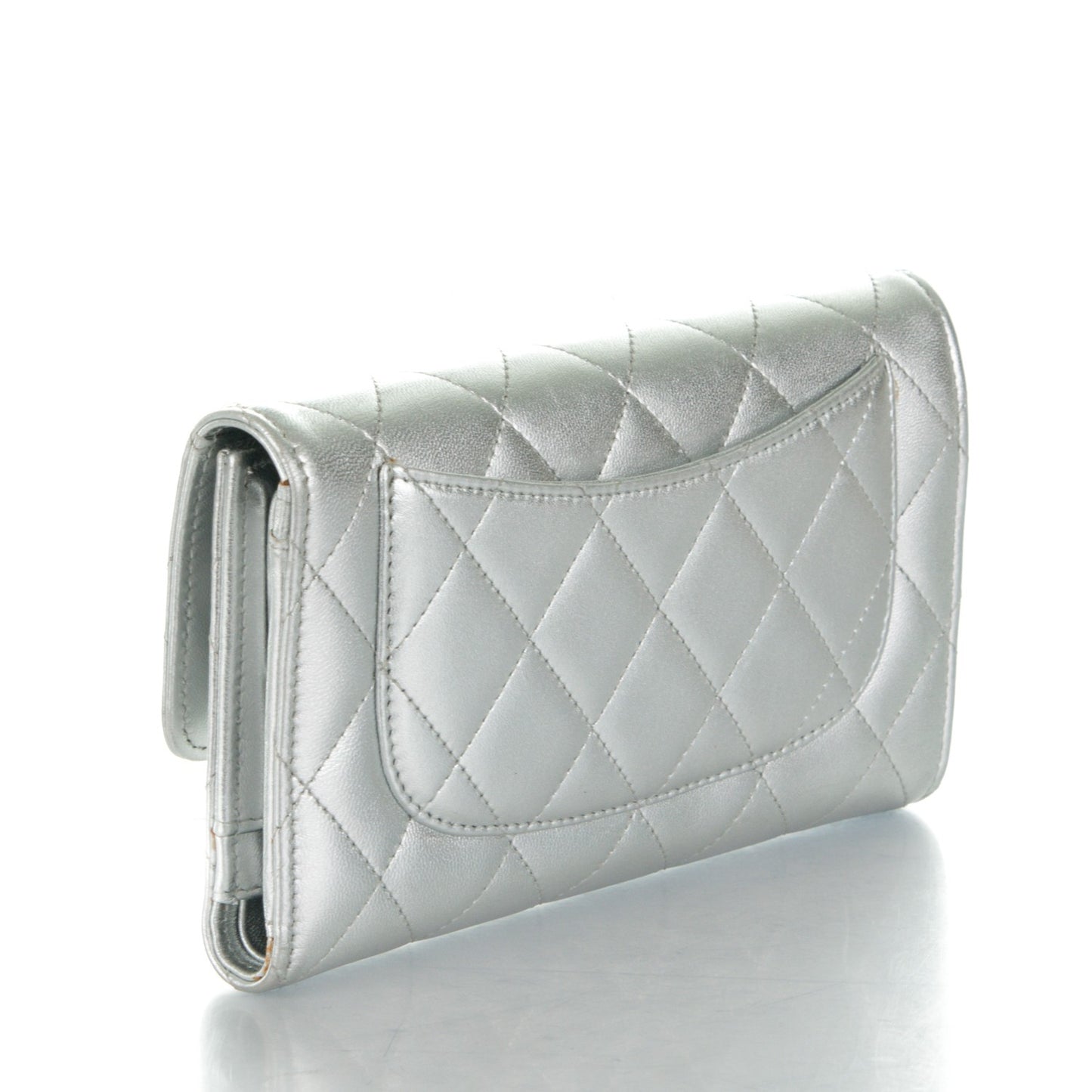 Metallic Lambskin Quilted Large Flap Wallet Silver