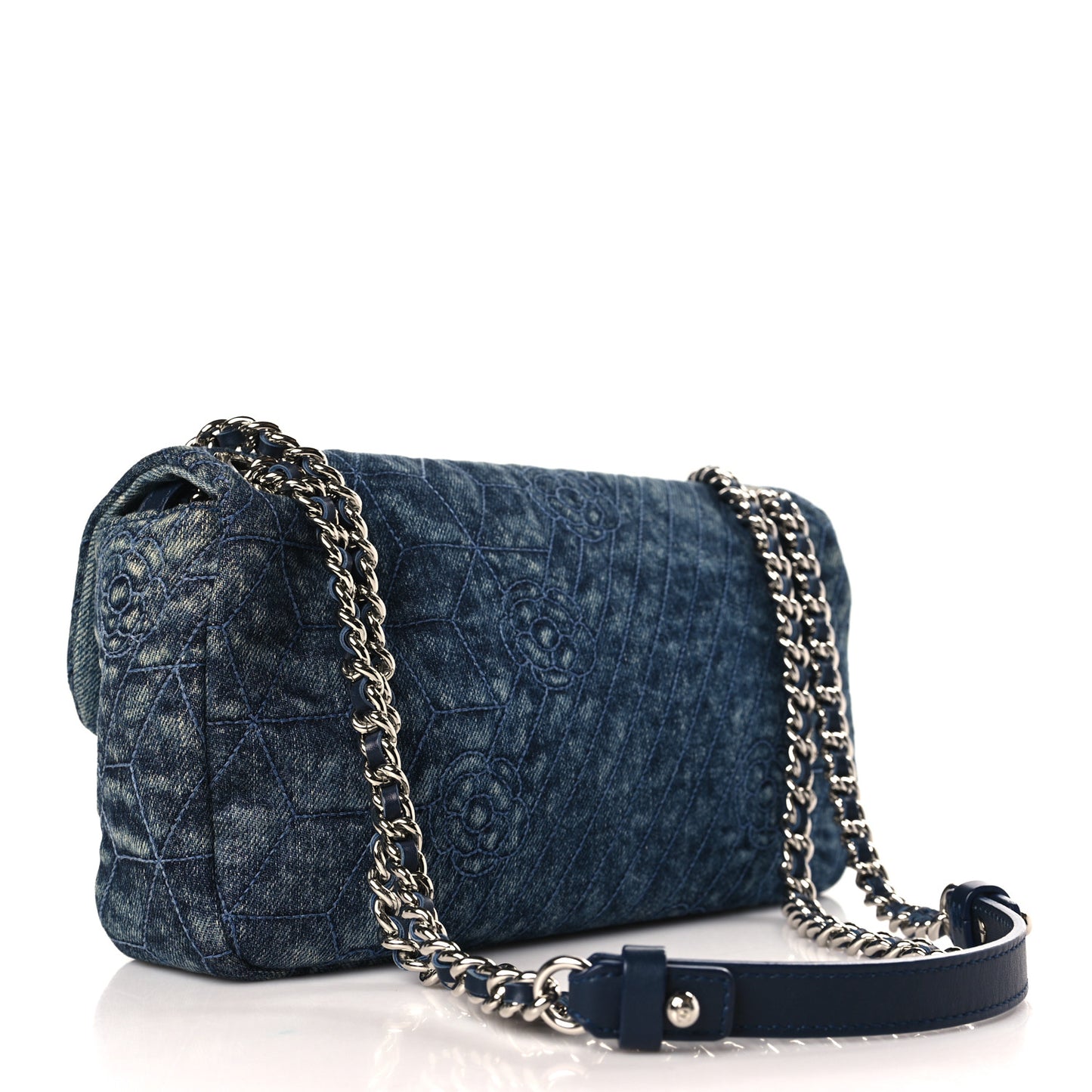 Denim Quilted Camellia Embroidered Medium Flap Blue