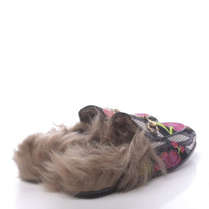 Gucci Brocade Fur Floral Womens Princetown Slippers 36 Black Anthracite 4 of 8