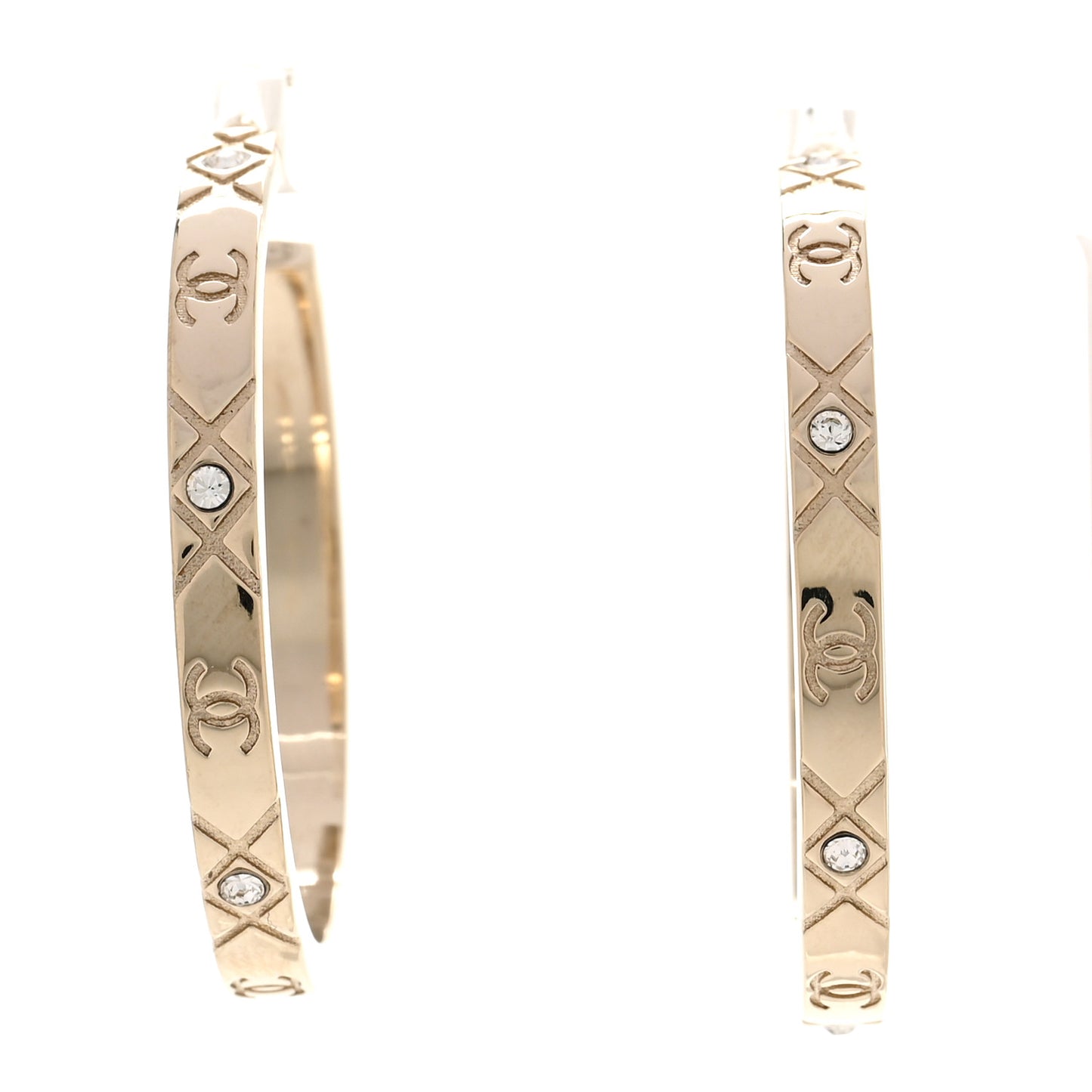 Metal Crystal Quilted CC Hoop Earrings Gold