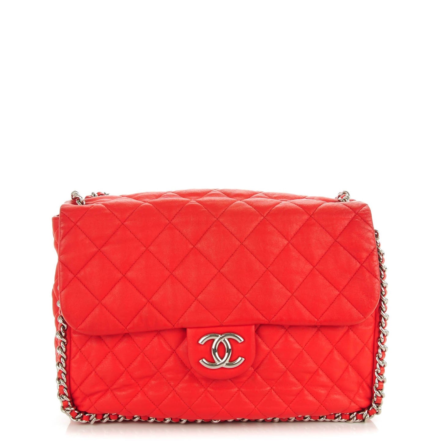Washed Lambskin Quilted Maxi Chain Around Flap Red