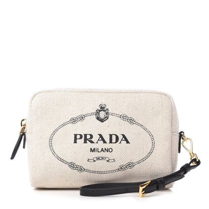 Prada Canvas Saffiano Necessaire Wristlet Pouch Naturale Black 1 of 10