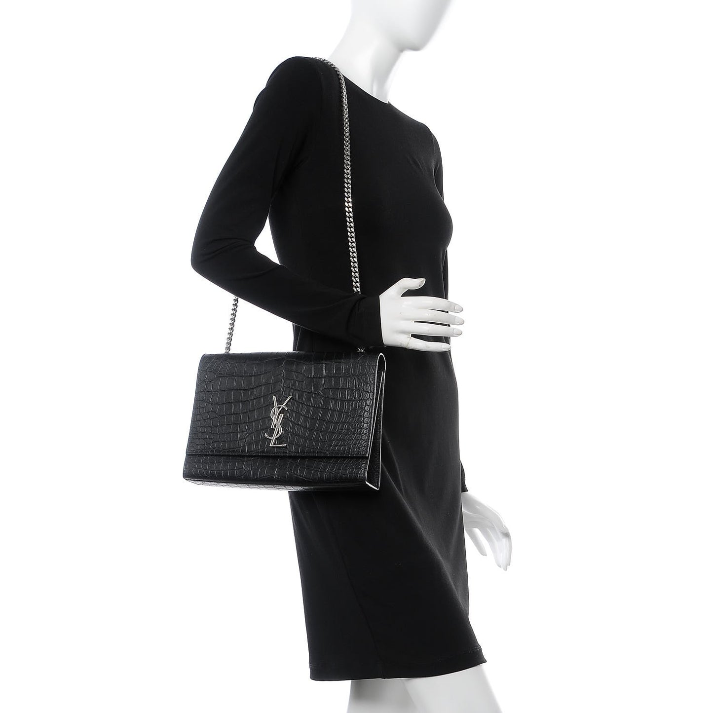 Calfskin Crocodile Embossed Large Classic Monogram Kate Satchel Black
