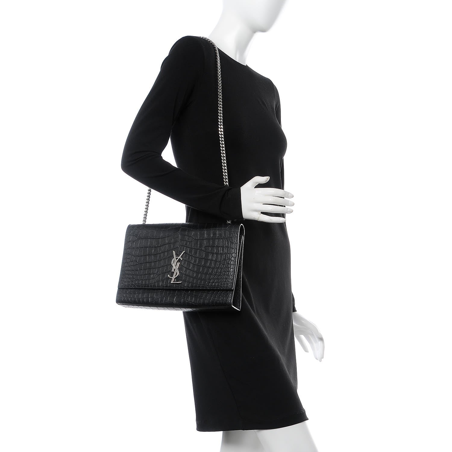 Saint Laurent Calfskin Crocodile Embossed Large Classic Monogram Kate Satchel Black 2 of 7