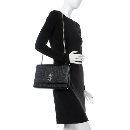 Saint Laurent Calfskin Crocodile Embossed Large Classic Monogram Kate Satchel Black 2 of 7