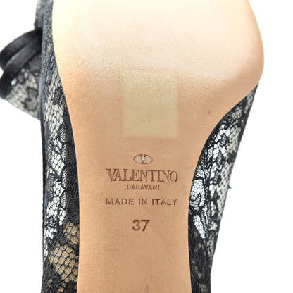 Valentino Garavani Satin Lace Couture Bow Peep Toe Low Heel Pumps 37 Black 9 of 9
