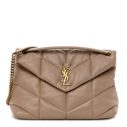 Saint Laurent Lambskin Quilted Medium Loulou Puffer Monogram Chain Satchel Dark Beige 1 of 10