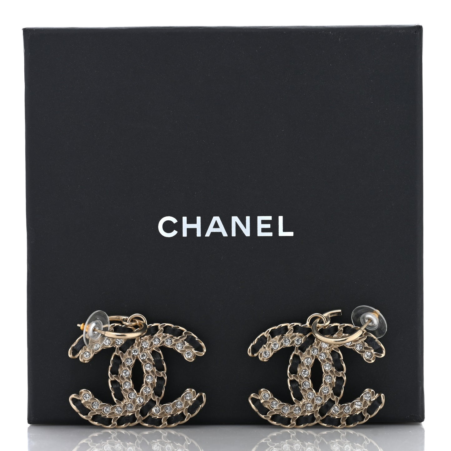 Crystal Lambskin Chain CC Vintage Allure Stud Earrings Black Gold
