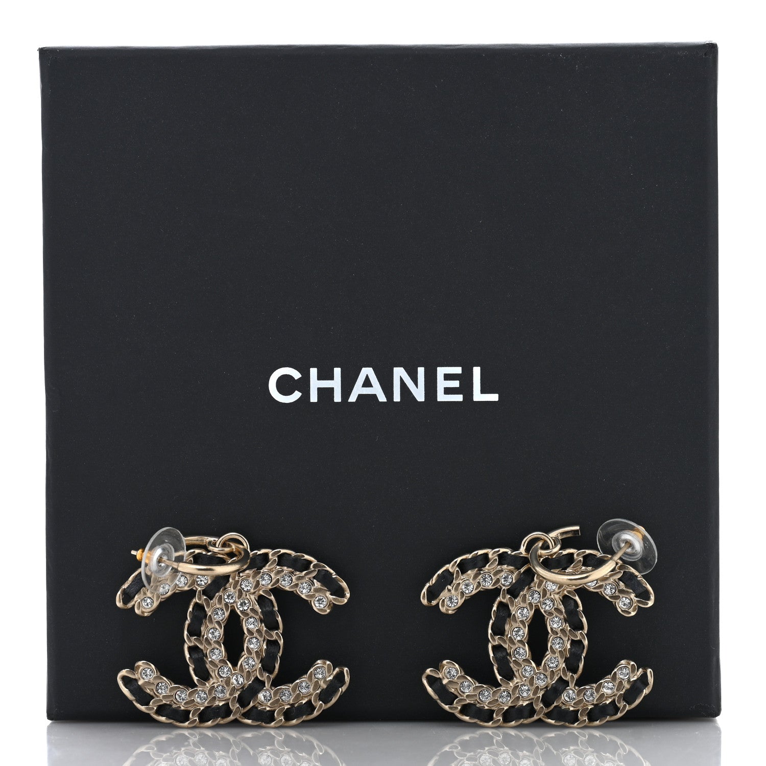 Chanel Crystal Lambskin Chain CC Vintage Allure Stud Earrings Black Gold 5 of 5