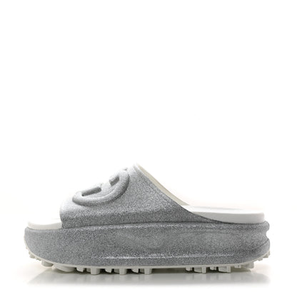 Gucci Glitter Rubber Womens Interlocking G Platform 42mm Slide Sandals 37 Silver 1 of 9