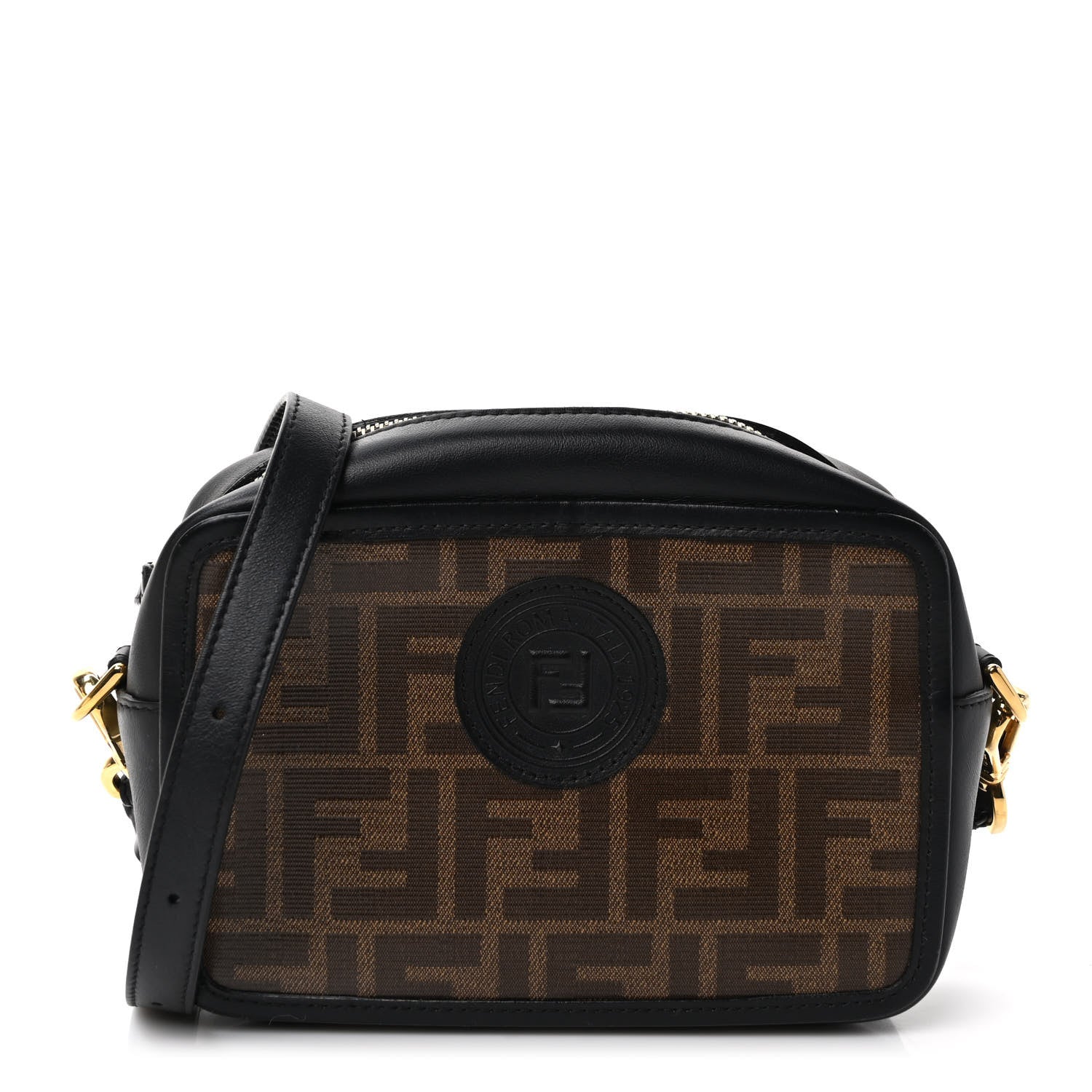 Fendi Glazed Fabric Vitello Century FF 1974 Stamp Patch Mini Camera Case Mogano Panna Black 1 of 9