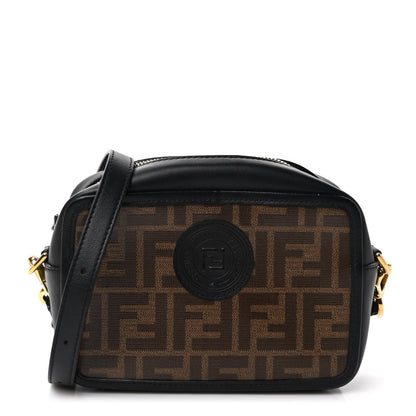 Fendi Glazed Fabric Vitello Century FF 1974 Stamp Patch Mini Camera Case Mogano Panna Black 1 of 9