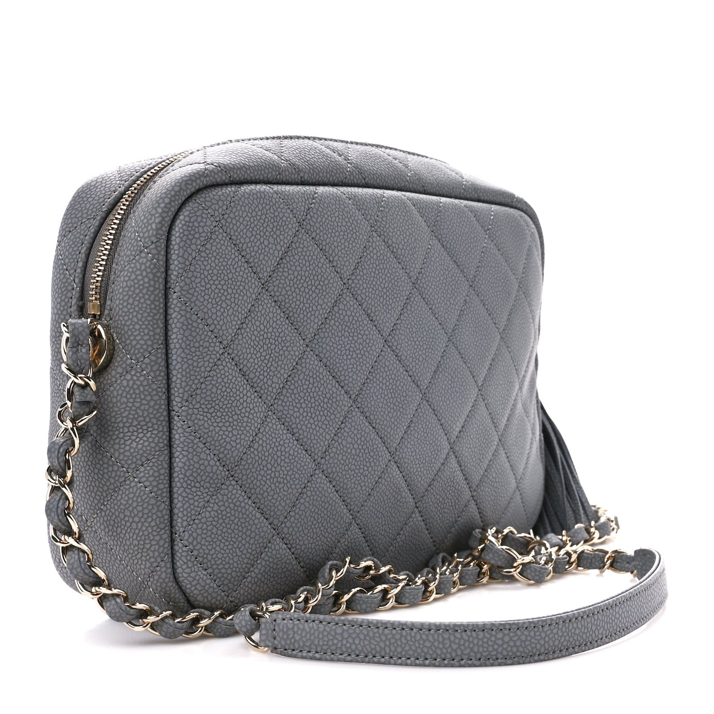 Iridescent Caviar Flat Quilted Small Coco Tassel Camera Case Grey