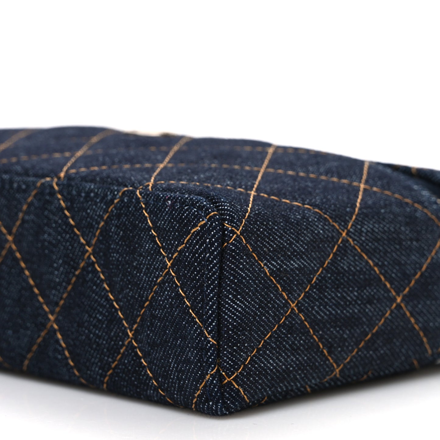 Denim Quilted Top Handle Slim Vanity Case With Chain Dark Blue Orange