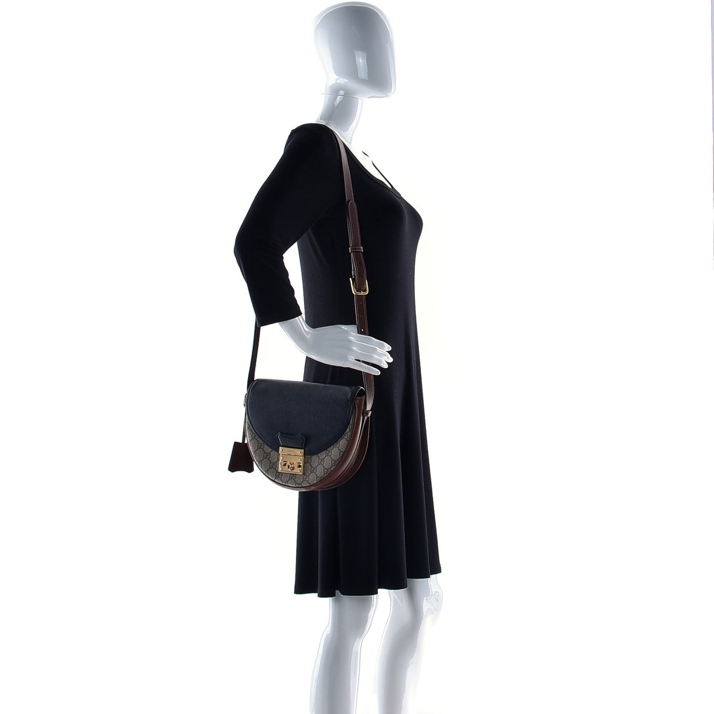 GG Supreme Monogram Calfskin Small Padlock Messenger Shoulder Bag Beige Black Cuir
