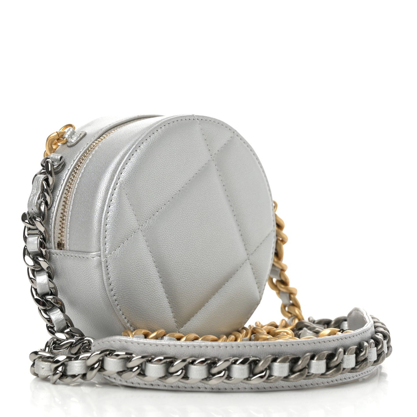 Metallic Lambskin Quilted Chanel 19 Round Clutch With Chain Silver Silver