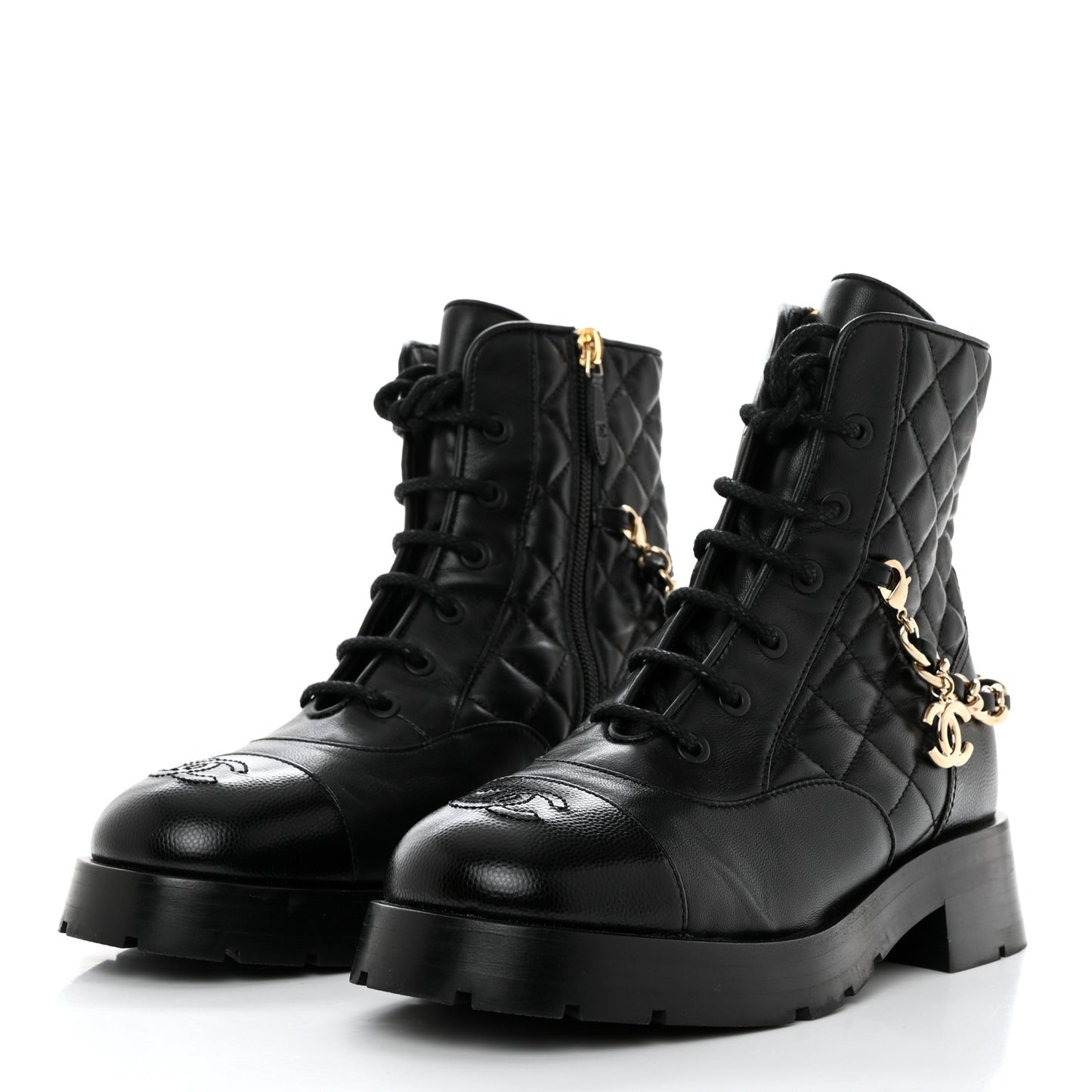 Shiny Calfskin Patent Quilted Chain Lace Up Combat Boots 36 Black