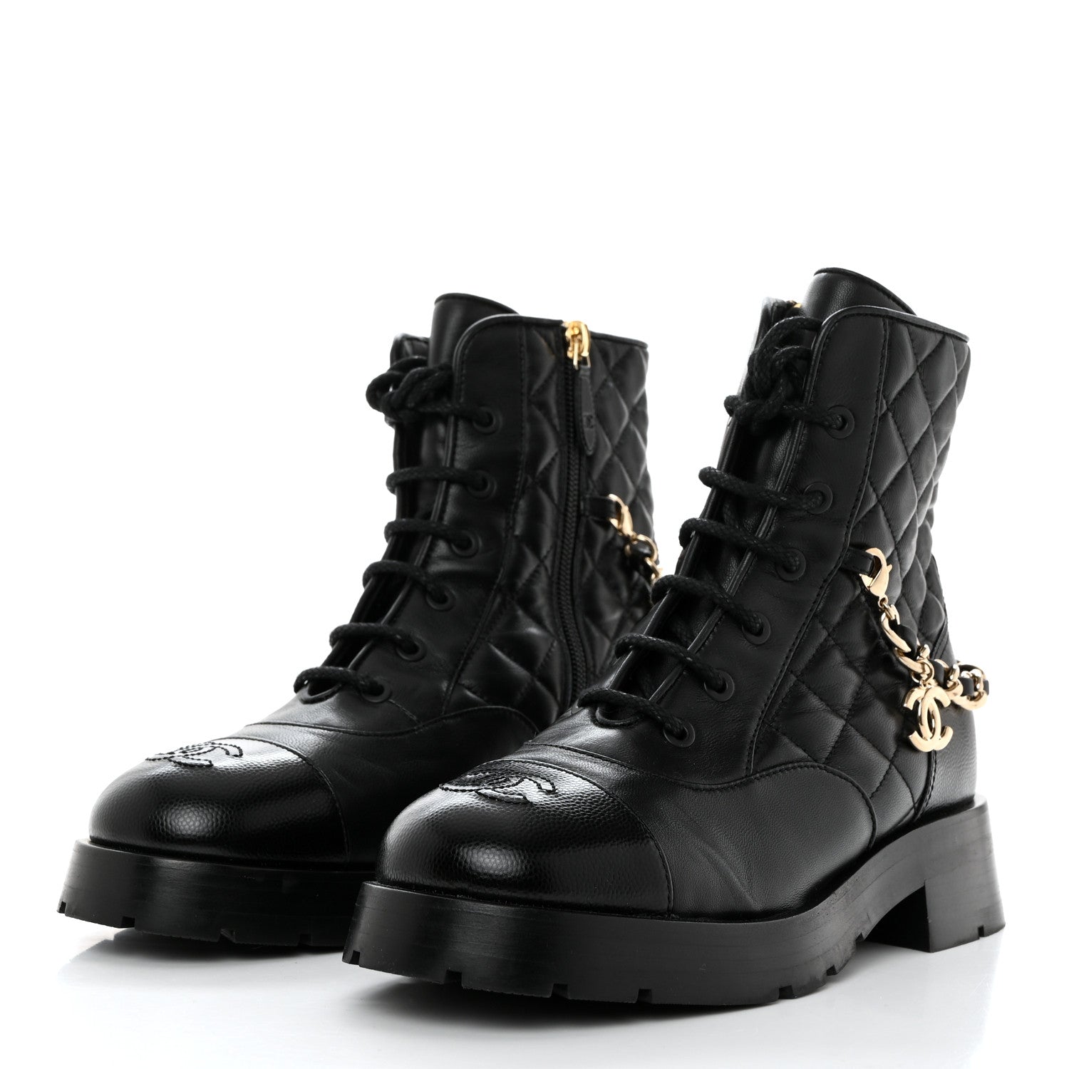 Chanel Shiny Calfskin Patent Quilted Chain Lace Up Combat Boots 36 Black 3 of 8