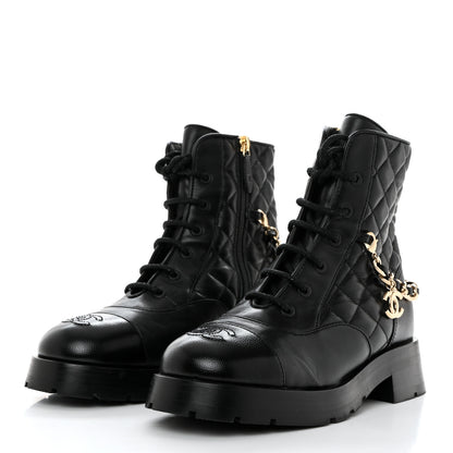 Chanel Shiny Calfskin Patent Quilted Chain Lace Up Combat Boots 36 Black 3 of 8