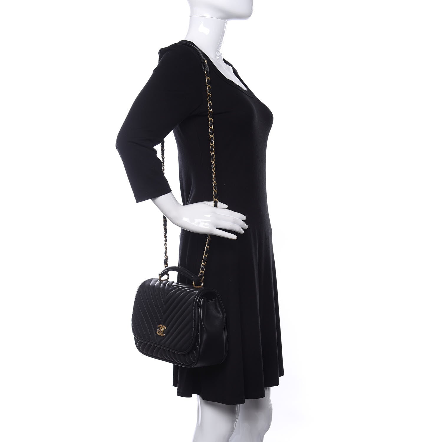 Chanel Lambskin Reverse Chevron Quilted Round Top Handle Flap Black 2 of 11