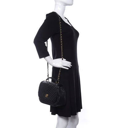 Chanel Lambskin Reverse Chevron Quilted Round Top Handle Flap Black 2 of 11